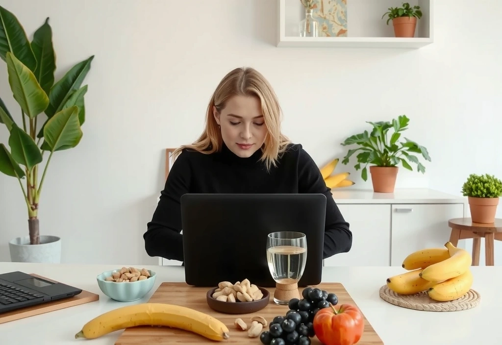 Persoană care scrie un mesaj pe un laptop înconjurat de elemente de nutriție