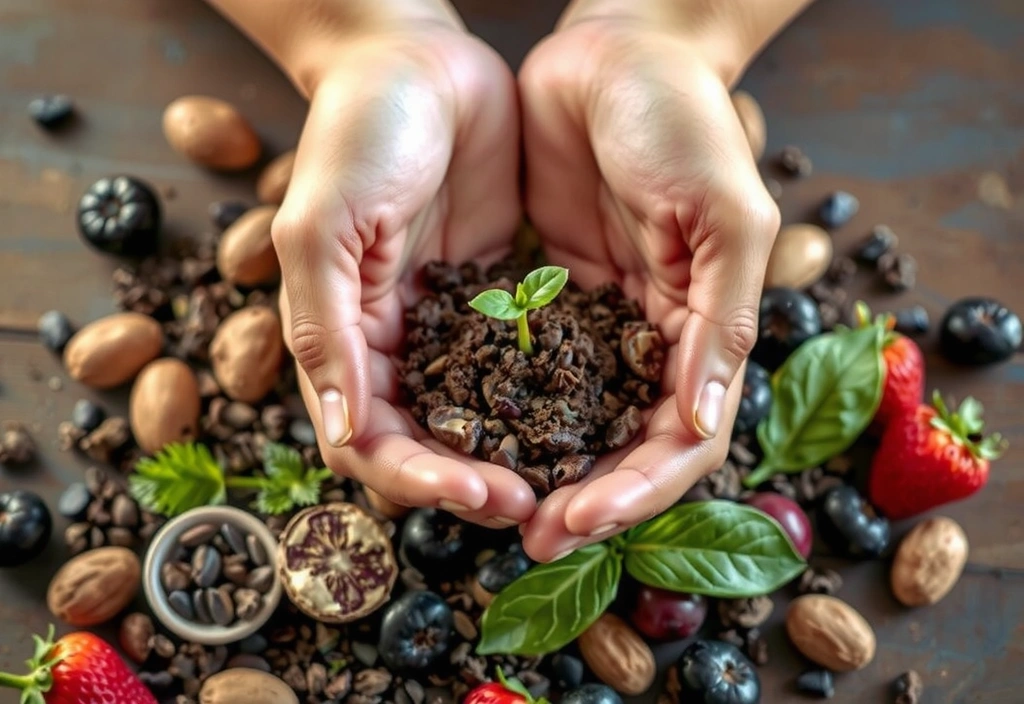 Concept vizual al Nutriexpertd cu elemente naturale și simboluri de sănătate